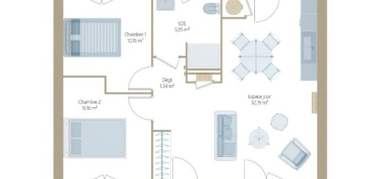 Plan de maison Surface terrain 60 m2 - 4 pièces - 2  chambres -  sans garage 